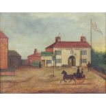 Nineteenth-century British school, street scene with tavern. Oil on canvas. Framed.