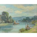 A J Billinghurst (British 1880-1963), river scene with steam barge and figures on a pontoon with a