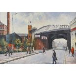 Marjorie Joy Altaras (British, twentieth century), street scene with bridge. Oil on board. Framed.