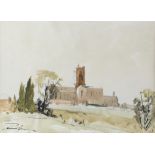 Edward Wesson (1910-1983) Guildford Cathedral, pencil, ink and wash, signed, 25cm x 36cm