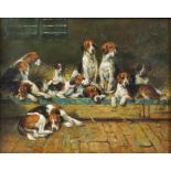 Nineteenth-century British school, hounds at rest. Oil on board. Framed and glazed.
