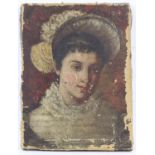 Portrait of a lady wearing a bonnet. Oil on canvas, needing restoration. 28 x 20cm.