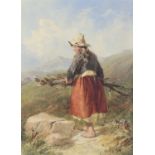 John Henry Mole (British, 1814-1886), girl carrying wood on a moor. Watercolour. Framed and glazed.