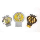 Three vehicle front grill badges - includes a yellow AA membership badge with No.