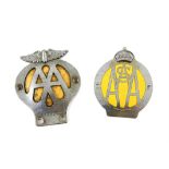 Two small yellow AA membership badges - one having No.54390Z engraved on front (both around 9cm in