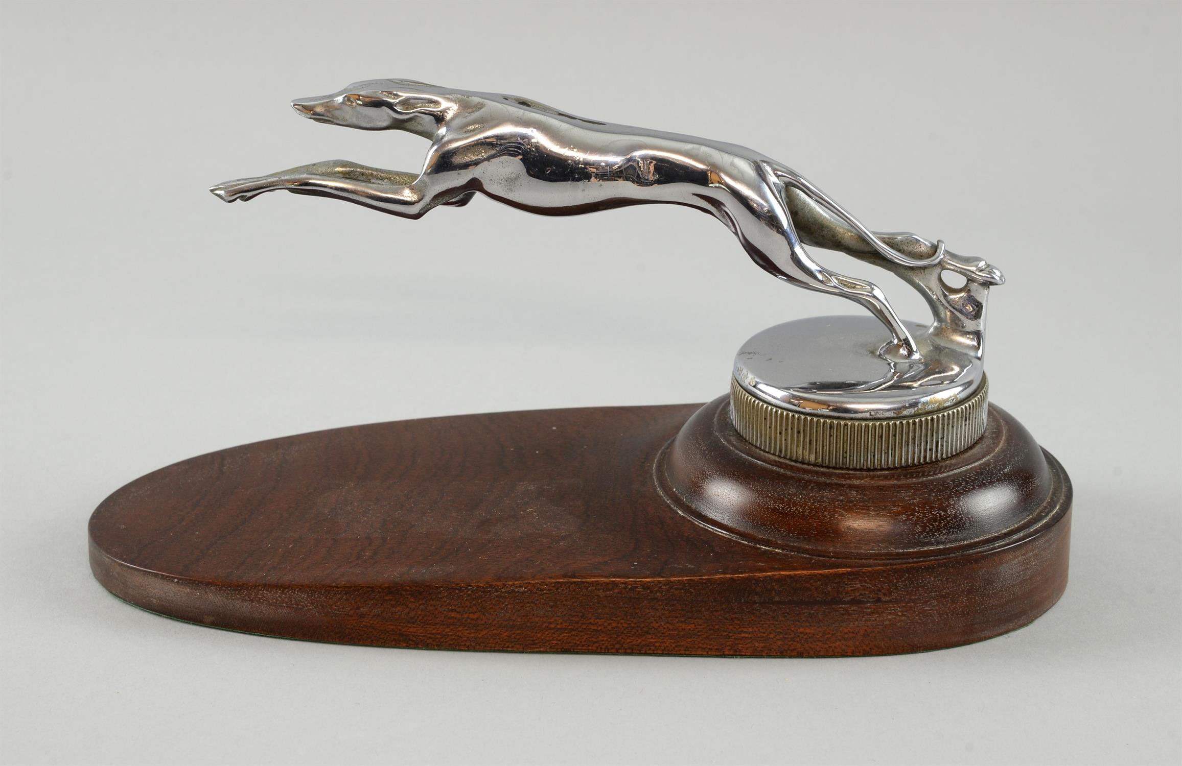 A 'Leaping Greyhound' Car Mascot on a knurled radiator cap, mounted on a wood base, - Image 2 of 2