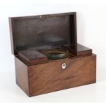 19th century mahogany tea caddy, of rectangular form, the hinged top with loop handle enclosing two