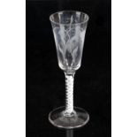 18th century ale glass engraved with hops and barley, 18.5cm high,