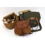 Two wicker fishing creels and a canvas fishing bag