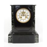 Late 19th century black slate and marble mantel clock, with Roman white enamel chapter ring and