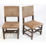 Set of six oak framed dining chairs, with suede leather backs and seats, on block and turned legs