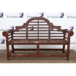 Lutyens style stained teak three seat garden bench, H103 W165 D61 cm