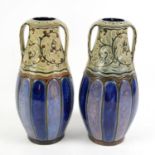 Pair of Doulton Lambeth twin handle vases, underglaze blue with olive design necks, impressed marks,