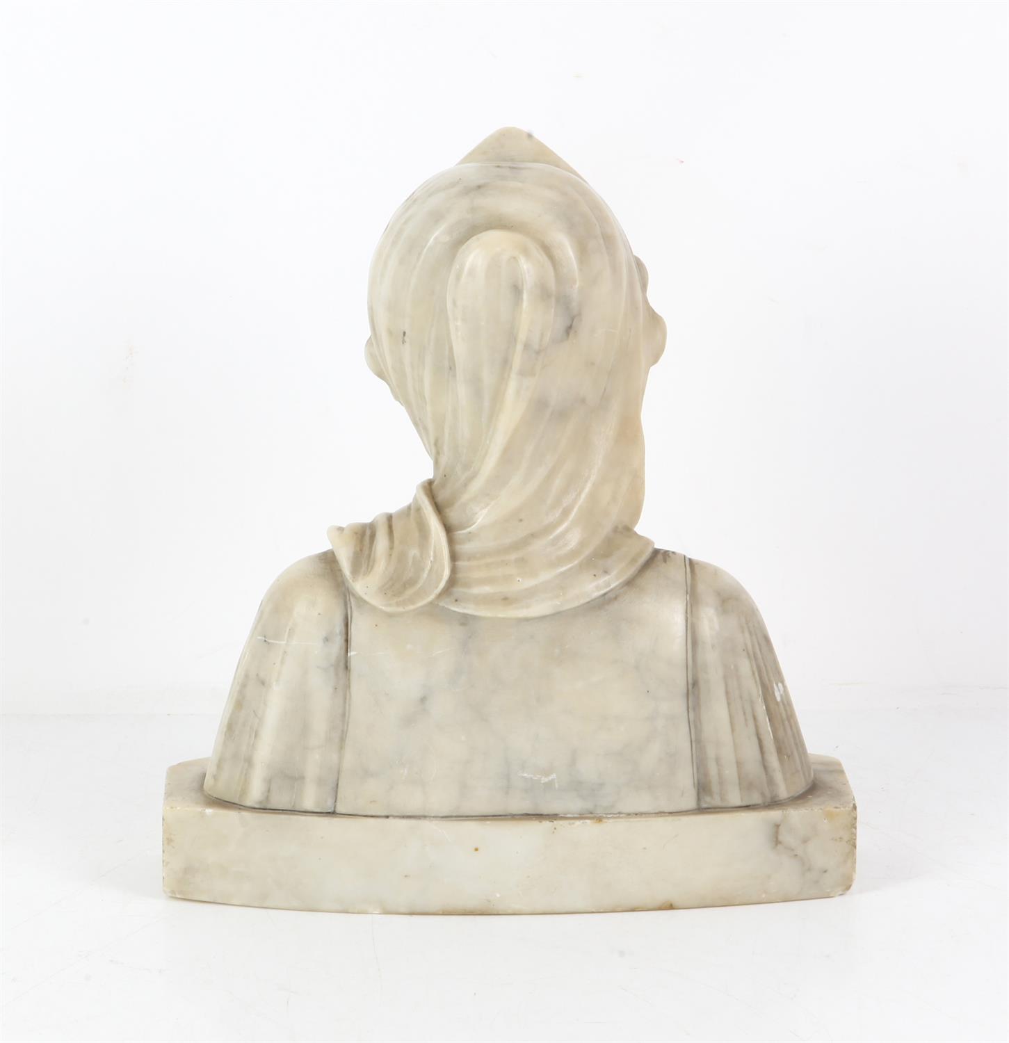 Victorian alabaster bust of a lady wearing a scarf and scroll decorated shirt, unsigned numbered 3 - Image 2 of 2