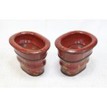 Pair of red stained brass bound buckets, of moulded form with oval bowl shape lids,