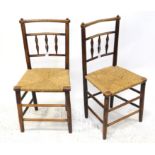 Set of six 19th century turned ash dining chairs, with spindle backs over rush seats and turned