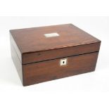 Victorian rosewood sewing box, with mother of pearl inset hinged top, enclosing a blue silk fitted