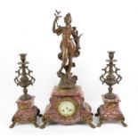 Early 20th century French marble and gilt metal mounted clock garniture, central clock with spelter