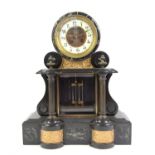 Late 19th century French black slate and marble mantel clock, with Arabic chapter ring and visible