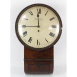 Early 19th century mahogany and brass inlaid drop dial wall clock, the painted circular dial