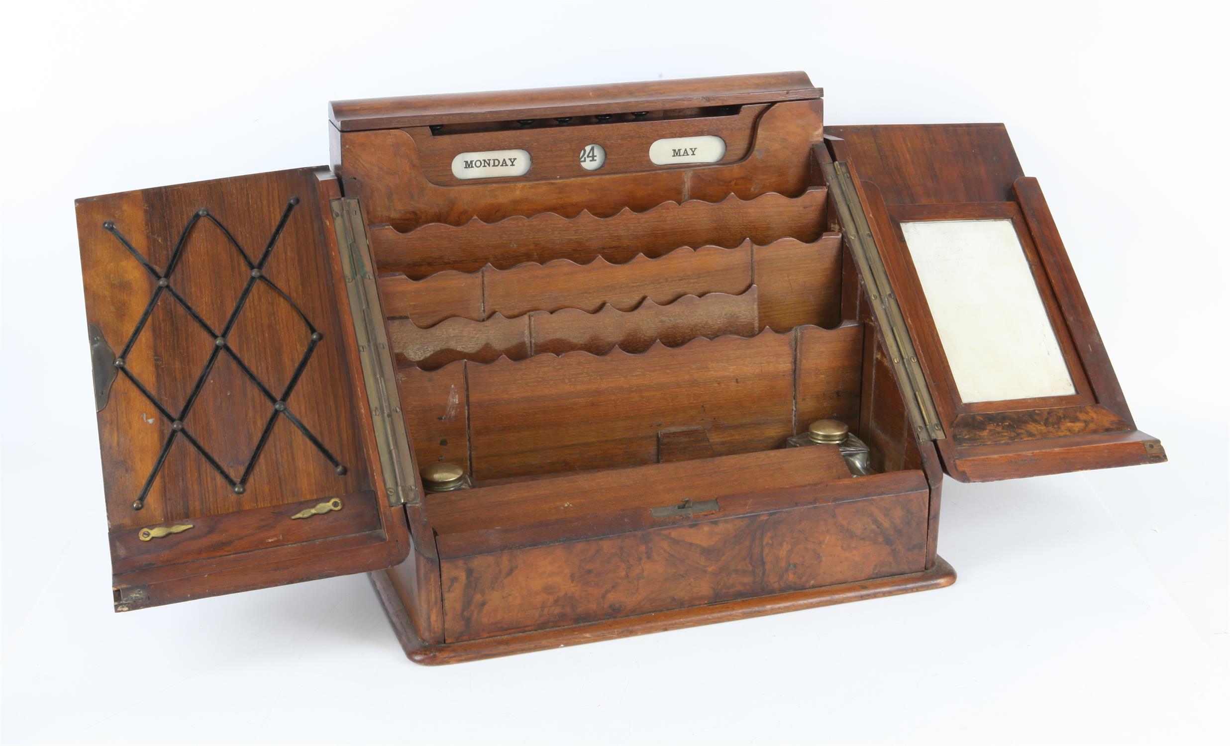 19th century burr walnut stationery box with calendar and compartments, h34 x w40 x d31cm, - Image 3 of 3