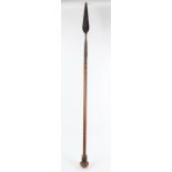 African tribal wire wound spear with wooden knob shaft and metal blade, total length 132cm