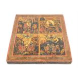 18th century and later Russian icon in four registers, depicting scenes including The Nativity of