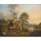 Nineteenth-century French School clock oil painting, depicting a landscape scene with church