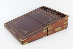 19th century brass bound mahogany writing box, the hinged top with inset shaped plaque,
