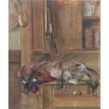 J. Christison (British, twentieth century), still life with shotgun and dead pheasants. Watercolour.