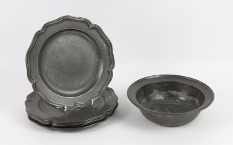 Set of six 19th century pewter plates and a bowl, all with touchmarks