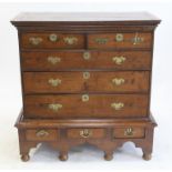 George II oak chest on stand, the moulded cornice over two short and three long graduated drawers,