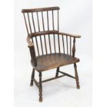 18th/19th century elm and oak spindle back Windsor open armchair, on turned supports joined by