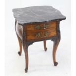 19th century French marble top bombe side cabinet, with shaped black grained marble top over two