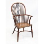 19th century elm and yew wood Windsor armchair, the high back with pierced vase shaped splat,