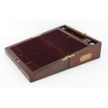 19th century mahogany writing box, the hinged top with inset brass plaque and recessed handles to