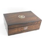 Mid Victorian rosewood writing box, with mother of pearl inlaid top, the interior with hinged slope,