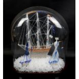 Late 19th century glass model frigger of a ship, under glass dome, dome 38cm high,