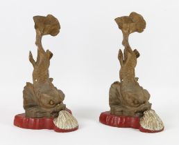 Pair of late 19th century ormolu sabot in the form of dolphins now mounted on wooden bases with