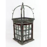 Late 19th / early 20th hall lantern with faceted clear glass lead glazed panels with blue and red