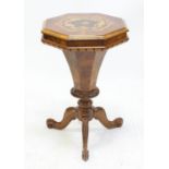 19th century burr walnut sewing table, the octagonal hinged top with Italian style floral inlay