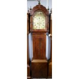19th century inlaid mahogany eight day longcase clock, the arched painted dial with Roman numerals
