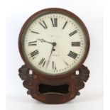 Early 19th century brass inlaid mahogany drop dial wall clock, the painted dial over carved scroll