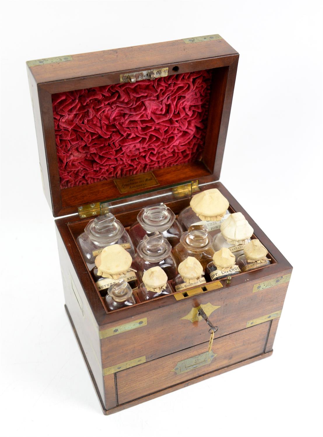 19th century mahogany and brass bound apothecary box, the lid labelled inside 'From Apothecaries