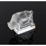 Lalique clear and frosted glass bison on rectangular base, engraved 'Lalique France' to base, h9.