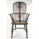 Ash and elm Windsor armchair with high back, vase shape fret carved splat, moulded seat and turned