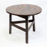 19th century elm top cricket table, the circular top on an oak triangular base with moulded