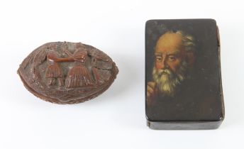 German Papier-Mâché snuffbox, the cover painted with a bearded man, scratched name and date 1852 on