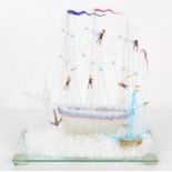 Late 19th century glass model frigger of a ship, under glass dome, dome 40cm high,