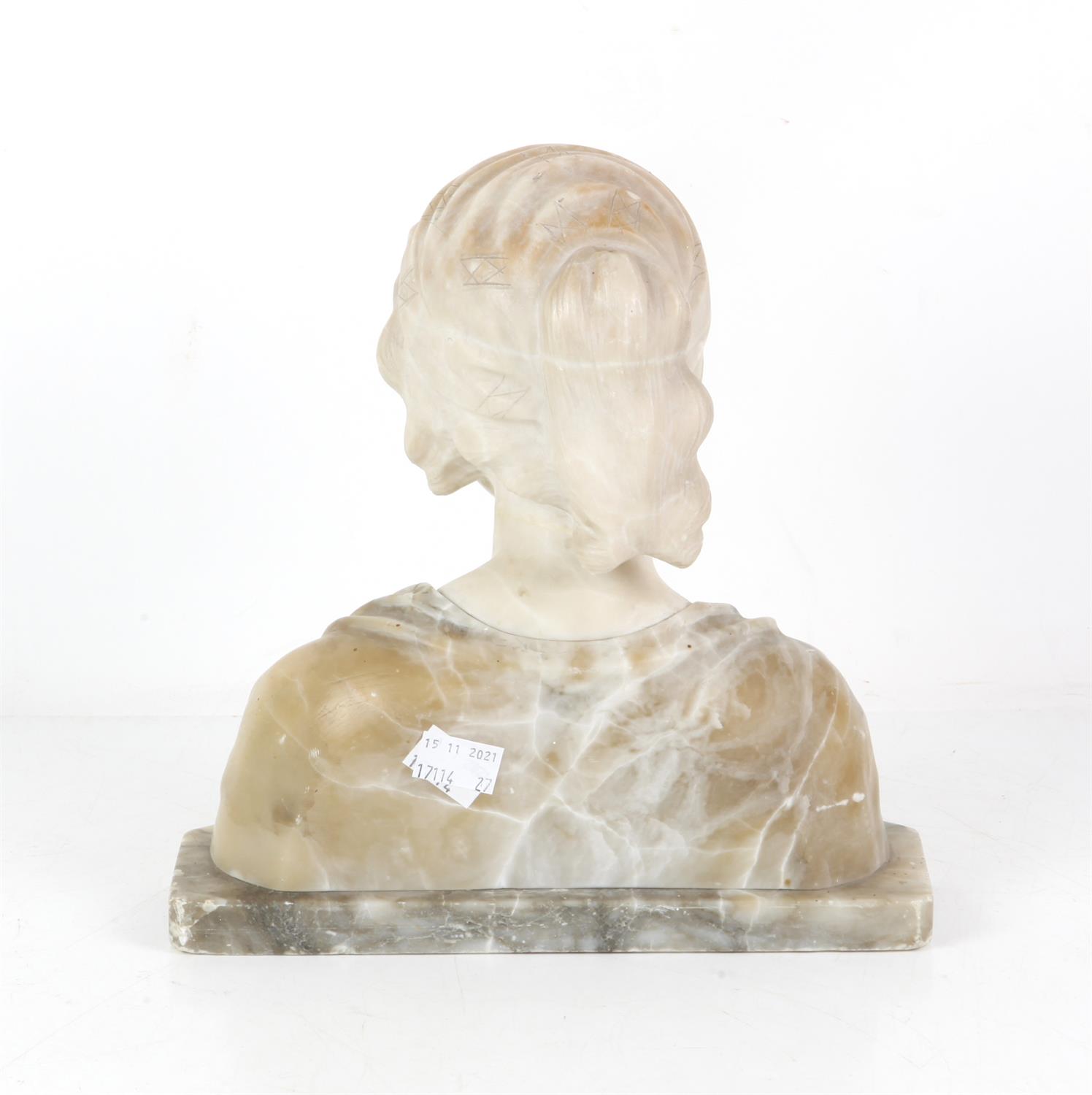 Victorian alabaster bust of a lady wearing a scarf in her hair and Classical robe, unsigned, - Image 2 of 2